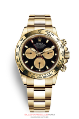 "THIS OYSTER PERPETUAL COSMOGRAPH DAYTONA IN 18 CT YELLOW GOLD WITH AN OYSTER BRACELET, FEATURES AN 18 CT WHITE GOLD BEZEL WITH ENGRAVED TACHYMETRIC SCALE." Rolex