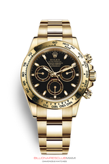 "THIS OYSTER PERPETUAL COSMOGRAPH DAYTONA IN 18 CT YELLOW GOLD WITH AN OYSTER BRACELET, FEATURES AN 18 CT WHITE GOLD BEZEL WITH ENGRAVED TACHYMETRIC SCALE." Rolex
