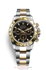 "THIS OYSTER PERPETUAL COSMOGRAPH DAYTONA IN 18 CT YELLOW GOLD WITH AN OYSTER BRACELET, FEATURES AN 18 CT WHITE GOLD BEZEL WITH ENGRAVED TACHYMETRIC SCALE." Rolex