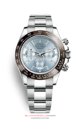 "THIS OYSTER PERPETUAL COSMOGRAPH DAYTONA IN PLATINUM WITH AN OYSTER BRACELET, FEATURES A CHESTNUT BROWN CERACHROM BEZEL WITH TACHYMETRIC SCALE." Rolex