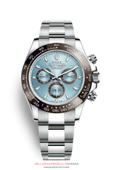 "THIS OYSTER PERPETUAL COSMOGRAPH DAYTONA IN PLATINUM WITH AN OYSTER BRACELET, FEATURES A CHESTNUT BROWN CERACHROM BEZEL WITH TACHYMETRIC SCALE." Rolex