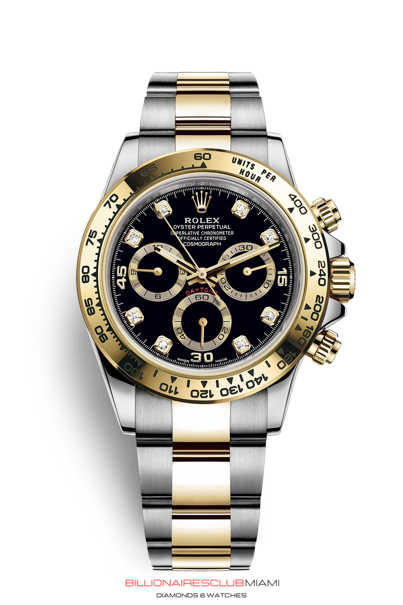 "THIS OYSTER PERPETUAL COSMOGRAPH DAYTONA IN 18 CT YELLOW GOLD WITH AN OYSTER BRACELET, FEATURES AN 18 CT WHITE GOLD BEZEL WITH ENGRAVED TACHYMETRIC SCALE." Rolex
