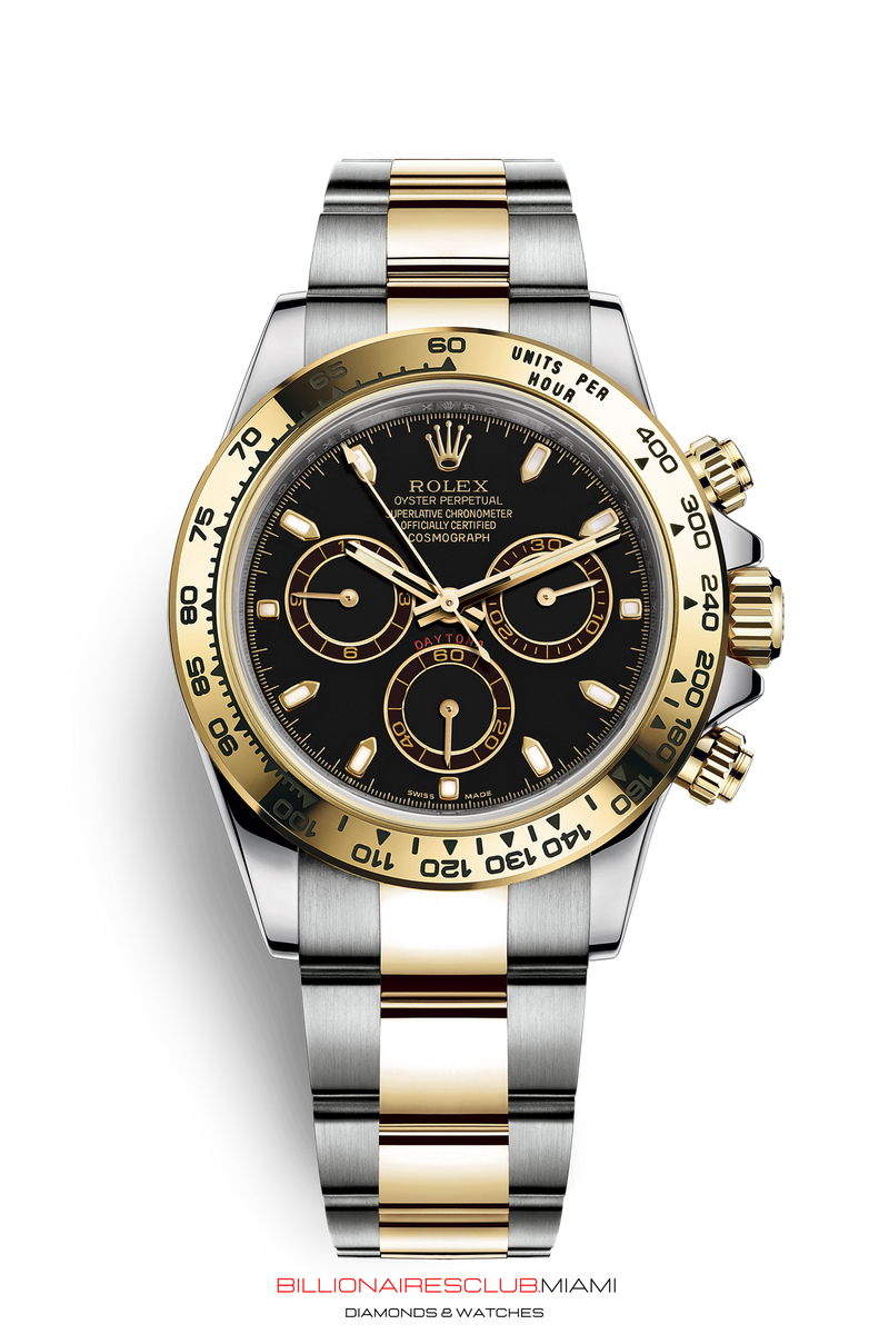 "THIS OYSTER PERPETUAL COSMOGRAPH DAYTONA IN 18 CT YELLOW GOLD WITH AN OYSTER BRACELET, FEATURES AN 18 CT WHITE GOLD BEZEL WITH ENGRAVED TACHYMETRIC SCALE." Rolex