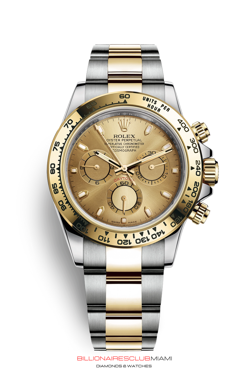 "THIS OYSTER PERPETUAL COSMOGRAPH DAYTONA IN 18 CT YELLOW GOLD WITH AN OYSTER BRACELET, FEATURES AN 18 CT WHITE GOLD BEZEL WITH ENGRAVED TACHYMETRIC SCALE." Rolex